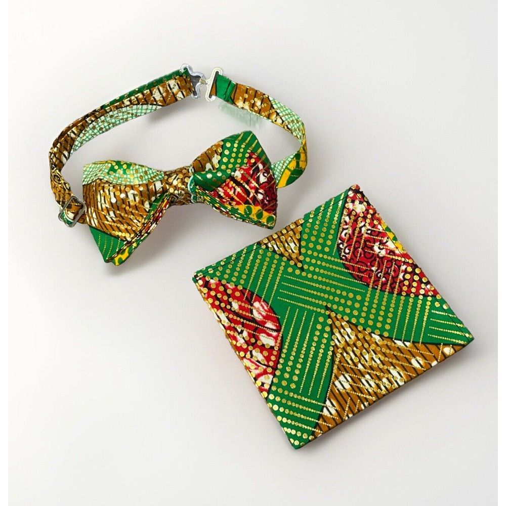 Handmade Men's African Print Kente Bow Tie & Handkerchief Set Pre-tied Colorful